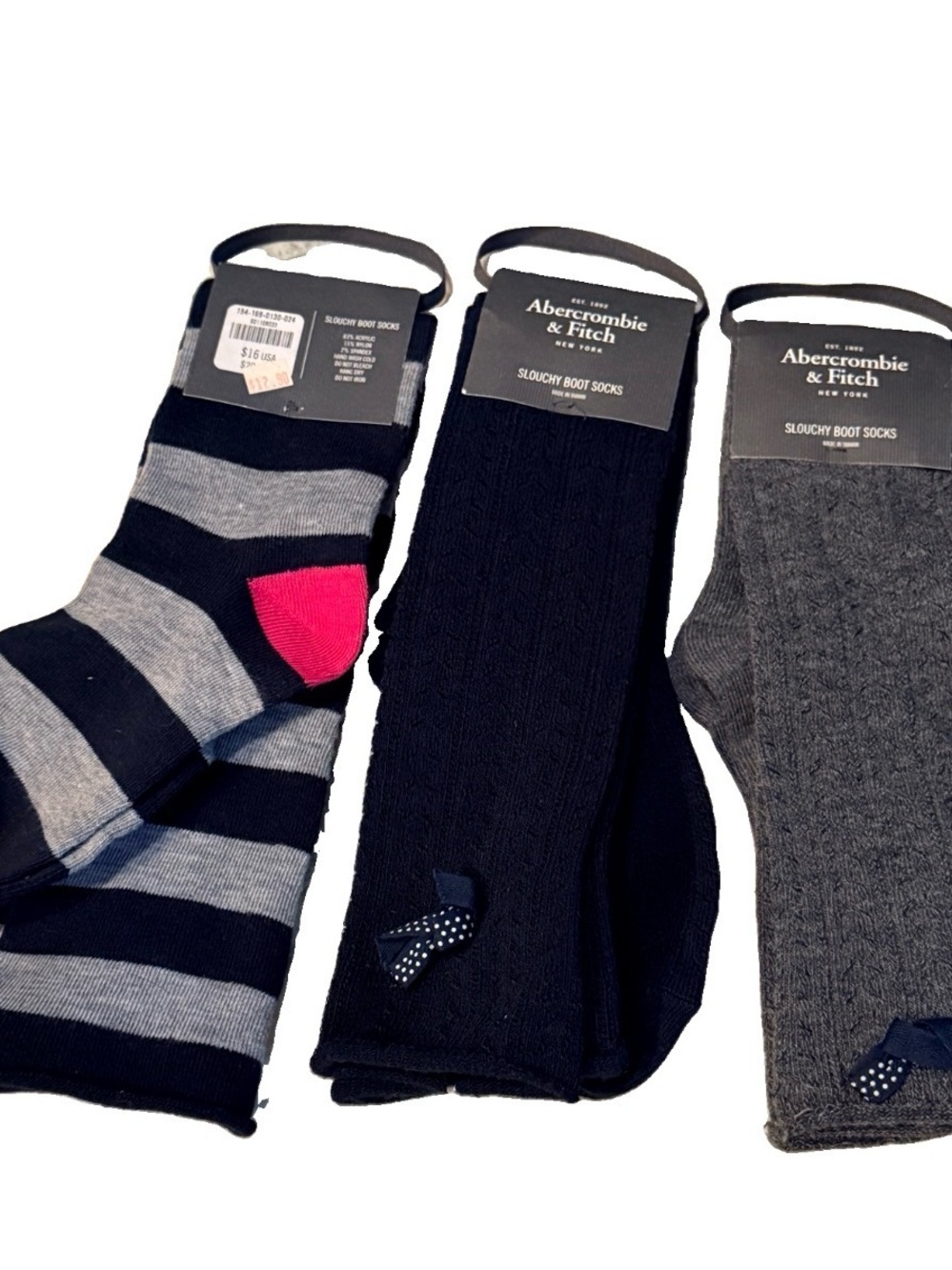 Abercrombie & Fitch slouchy boot socks three pairs New with tags cut bows stripe